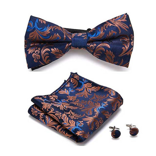 HUISHI Men's Classic Bow Tie Set – Blue Paisley Floral Bowtie with Pocket Square & Cufflinks | Wedding Party Suit Accessory