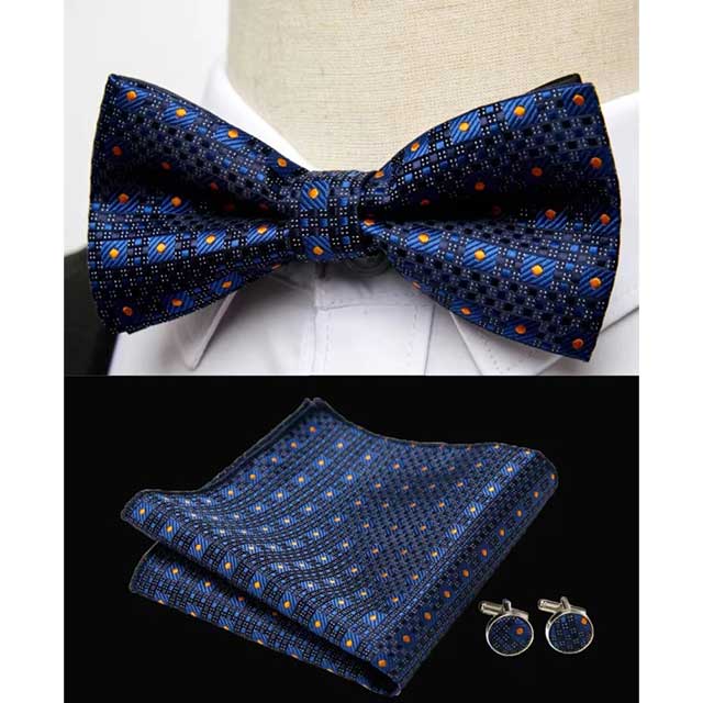 HUISHI Men's Classic Bow Tie Set – Blue Paisley Floral Bowtie with Pocket Square & Cufflinks | Wedding Party Suit Accessory