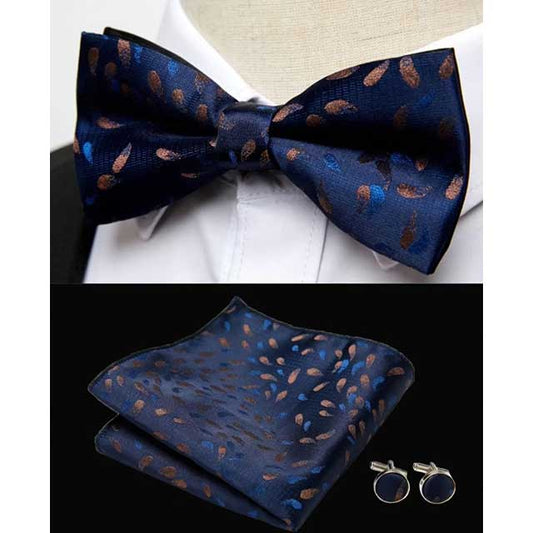 HUISHI Men's Classic Bow Tie Set – Blue Paisley Floral Bowtie with Pocket Square & Cufflinks | Wedding Party Suit Accessory