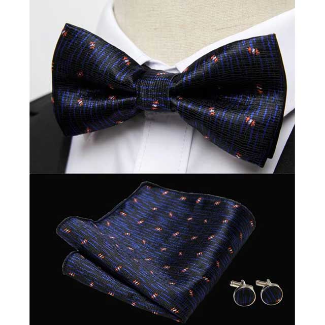 HUISHI Men's Classic Bow Tie Set – Blue Paisley Floral Bowtie with Pocket Square & Cufflinks | Wedding Party Suit Accessory