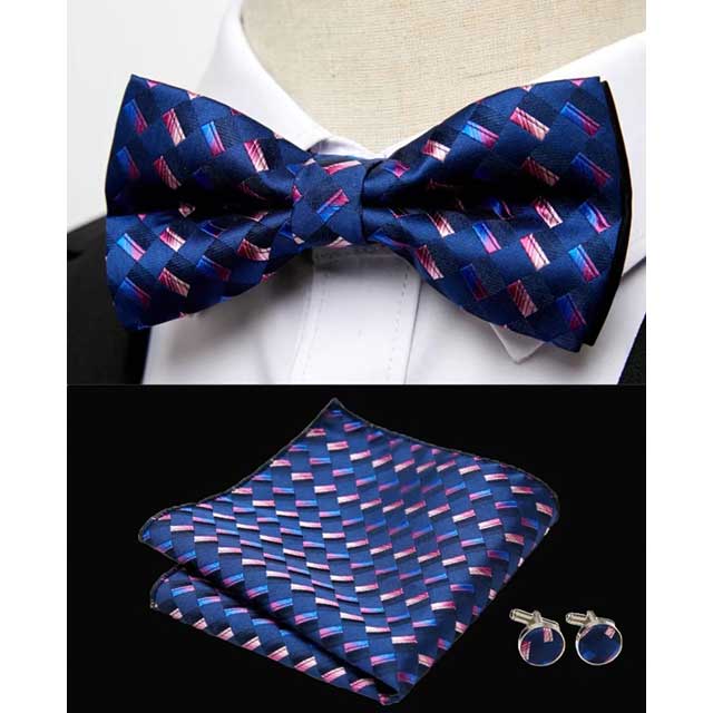 HUISHI Men's Classic Bow Tie Set – Blue Paisley Floral Bowtie with Pocket Square & Cufflinks | Wedding Party Suit Accessory
