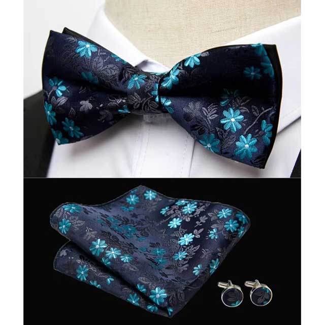 HUISHI Men's Classic Bow Tie Set – Blue Paisley Floral Bowtie with Pocket Square & Cufflinks | Wedding Party Suit Accessory