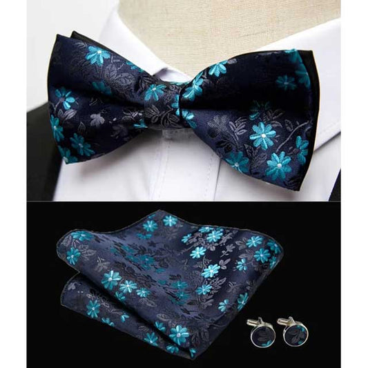 HUISHI Men's Classic Bow Tie Set – Blue Paisley Floral Bowtie with Pocket Square & Cufflinks | Wedding Party Suit Accessory