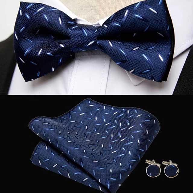 HUISHI Men's Classic Bow Tie Set – Blue Paisley Floral Bowtie with Pocket Square & Cufflinks | Wedding Party Suit Accessory