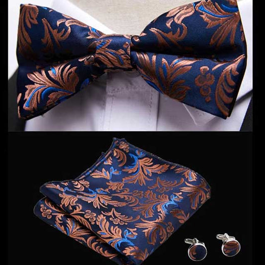 HUISHI Men's Classic Bow Tie Set – Blue Paisley Floral Bowtie with Pocket Square & Cufflinks | Wedding Party Suit Accessory