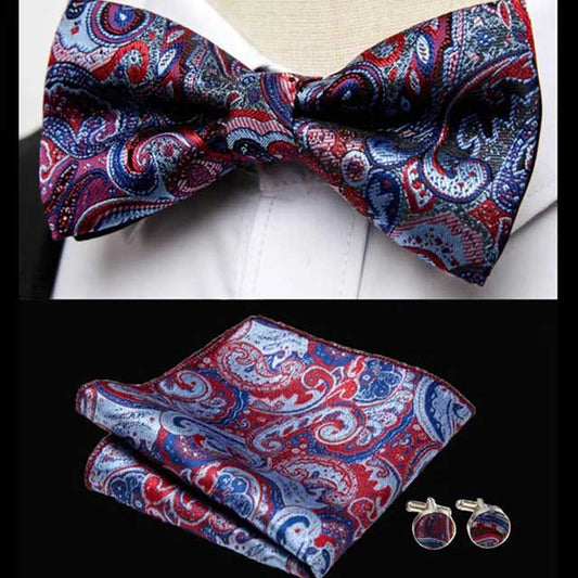 HUISHI Men's Classic Bow Tie Set – Blue Paisley Floral Bowtie with Pocket Square & Cufflinks | Wedding Party Suit Accessory