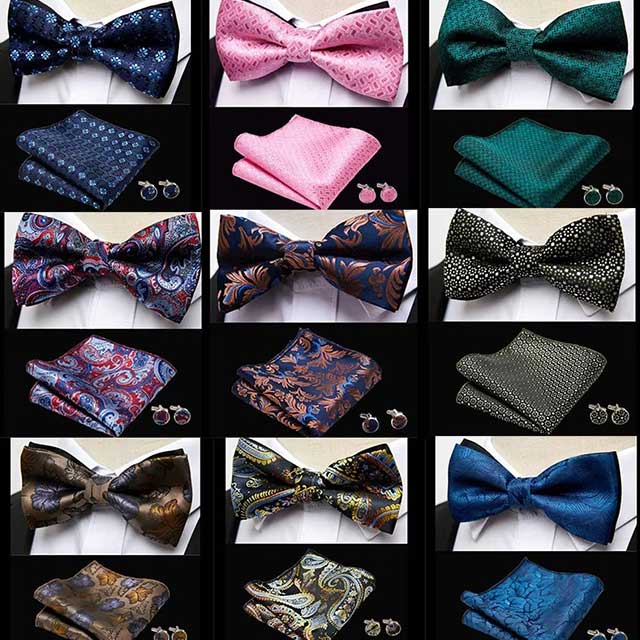 HUISHI Men's Classic Bow Tie Set – Blue Paisley Floral Bowtie with Pocket Square & Cufflinks | Wedding Party Suit Accessory