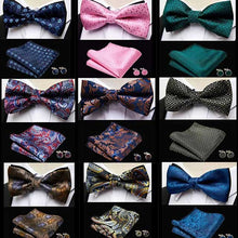 HUISHI Men's Classic Bow Tie Set – Blue Paisley Floral Bowtie with Pocket Square & Cufflinks | Wedding Party Suit Accessory