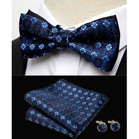 HUISHI Men's Classic Bow Tie Set – Blue Paisley Floral Bowtie with Pocket Square & Cufflinks | Wedding Party Suit Accessory