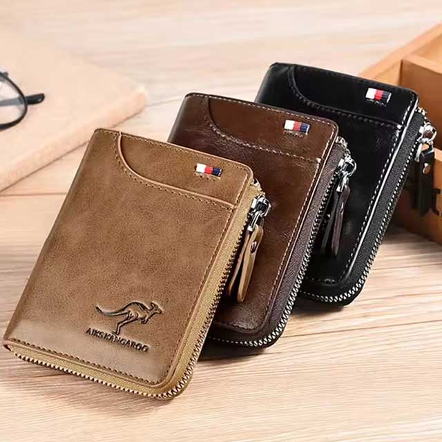 Men’s Leather Business Wallet – RFID Blocking Card Holder with Zipper, Luxury Slim Purse for Daily Use