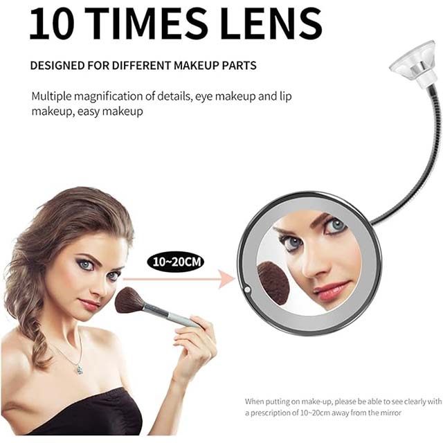 360° Rotating 10X Magnifying Makeup Mirror – LED Light Vanity Mirror with Flexible Folding Design