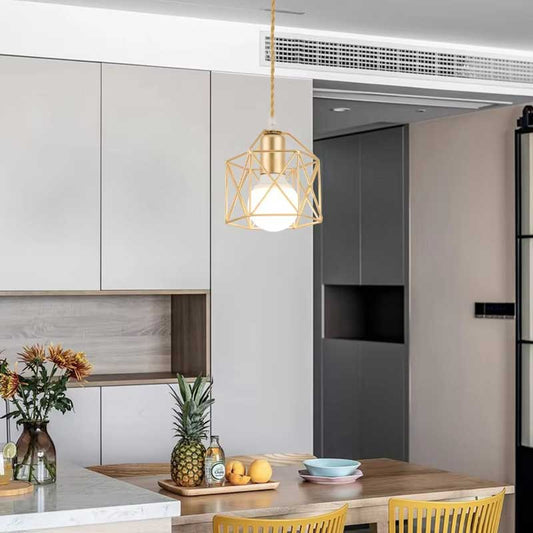 Modern LED Pendant Light – Minimalist Gold & Black Metal Cage Hanging Lamp for Living Room, Restaurant, Shop & Bar Decor