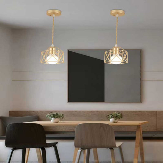 Modern LED Pendant Light – Minimalist Gold & Black Metal Cage Hanging Lamp for Living Room, Restaurant, Shop & Bar Decor
