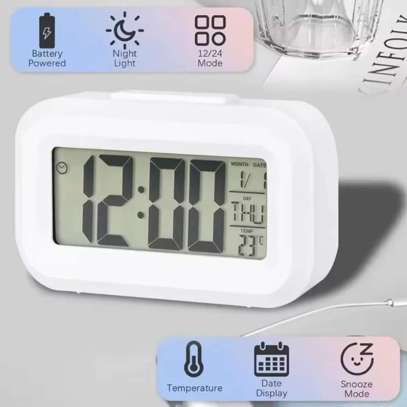 Réveil numérique LED moderne – Horloge électronique de bureau multifonction avec date, température et calendrier – Horloge de chevet silencieuse pour chambre – Décoration élégante pour la maison et le bureau (blanc / noir / bleu / rose / vert)