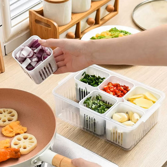 Multi-Purpose Refrigerator Food Drain Fresh-keeping Box | Ginger, Garlic & Onion Storage Organizer | Kitchen Vegetable Drain Basket