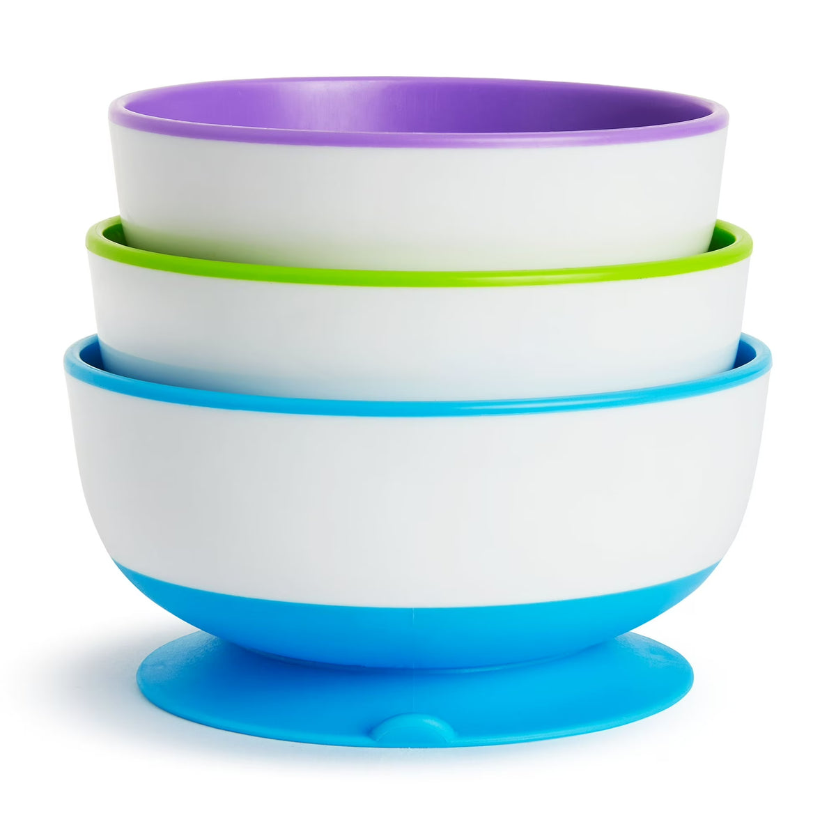 Munchkin® Stay Put Suction Round Bowls، بلاستيك، متعدد الألوان، 3 عبوات
