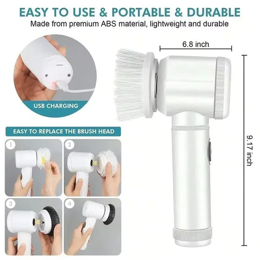 New Cordless Electric Spin Scrubber – 5-in-1 Interchangeable Brush Heads – USB Rechargeable Power Scrubber for Bathroom, Kitchen, Tile, and Car Detailing