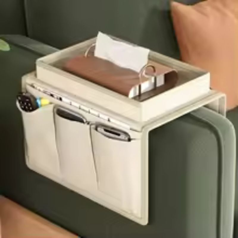 New Oxford Cloth Sofa Armrest Organizer – Multi-Pocket Storage Bag with Integrated Cup Tray – Cellphone, Remote, & Tissue Holder for Couch – Home Decor Accessory (Gray/White)