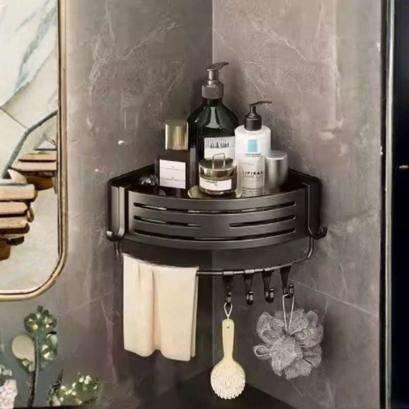 1 PIECE No-Drill Space Aluminum Corner Shower Shelf – Wall-Mounted Bathroom Organizer with Integrated Towel Bar & Hanging Hooks – Rustproof Floating Rack for Shampoo & Toiletries – Heavy-Duty Punch-Free Storage