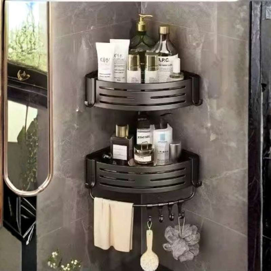1 PIECE No-Drill Space Aluminum Corner Shower Shelf – Wall-Mounted Bathroom Organizer with Integrated Towel Bar & Hanging Hooks – Rustproof Floating Rack for Shampoo & Toiletries – Heavy-Duty Punch-Free Storage