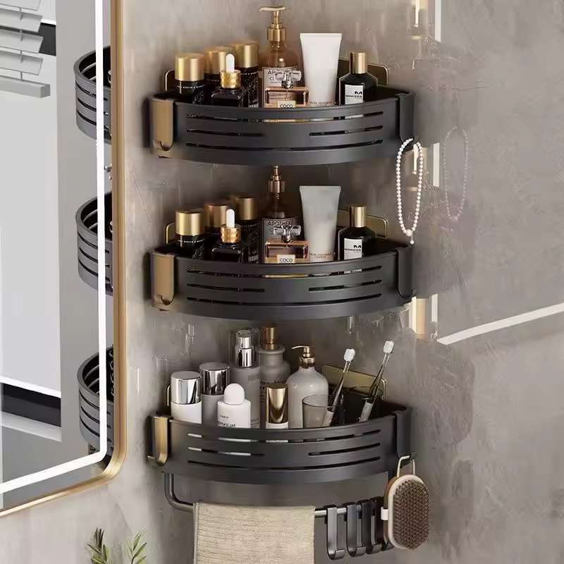1 PIECE No-Drill Space Aluminum Corner Shower Shelf – Wall-Mounted Bathroom Organizer with Integrated Towel Bar & Hanging Hooks – Rustproof Floating Rack for Shampoo & Toiletries – Heavy-Duty Punch-Free Storage