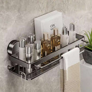 Étagère de salle de bain à ventouse et adhésive sans perçage – Étagère murale suspendue en aluminium de qualité supérieure avec porte-serviettes intégré – Organisateur de douche et de toilettes robuste – Étagère flottante monocouche antirouille