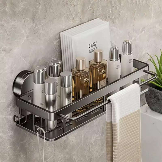 No-Drill Suction Cup & Adhesive Bathroom Rack – Premium Aluminum Hanging Wall Shelf with Integrated Towel Bar – Heavy-Duty Shower Caddy & Toilet Organizer – Rustproof Single-Layer Floating Rack