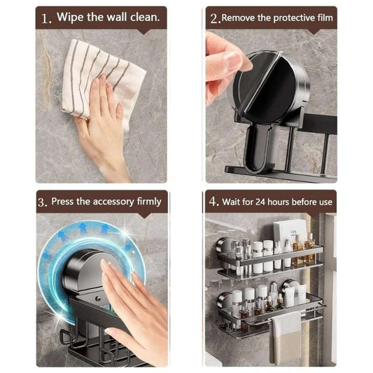 No-Drill Suction Cup & Adhesive Bathroom Rack – Premium Aluminum Hanging Wall Shelf with Integrated Towel Bar – Heavy-Duty Shower Caddy & Toilet Organizer – Rustproof Single-Layer Floating Rack