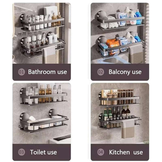 No-Drill Suction Cup & Adhesive Bathroom Rack – Premium Aluminum Hanging Wall Shelf with Integrated Towel Bar – Heavy-Duty Shower Caddy & Toilet Organizer – Rustproof Single-Layer Floating Rack