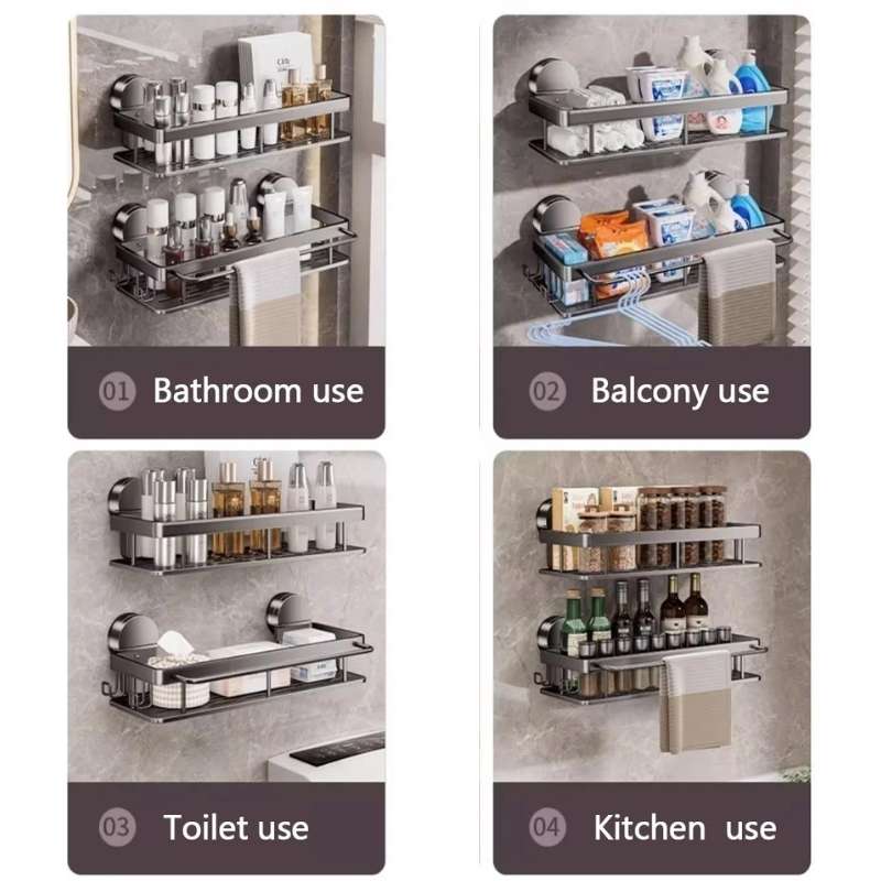 Étagère de salle de bain à ventouse et adhésive sans perçage – Étagère murale suspendue en aluminium de qualité supérieure avec porte-serviettes intégré – Organisateur de douche et de toilettes robuste – Étagère flottante monocouche antirouille