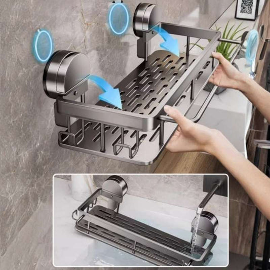 No-Drill Suction Cup & Adhesive Bathroom Rack – Premium Aluminum Hanging Wall Shelf with Integrated Towel Bar – Heavy-Duty Shower Caddy & Toilet Organizer – Rustproof Single-Layer Floating Rack