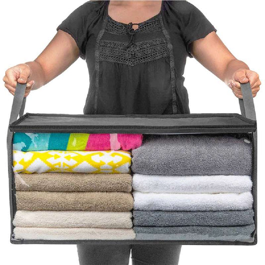 Non-Woven Clothes Storage Bag – Foldable Quilt & Blanket Organizer with Reinforced Handles – Dust-Proof Wardrobe Storage Box with Dual Zipper & Clear Window – Breathable Sorting Bag for Bedding and Seasonal Clothing