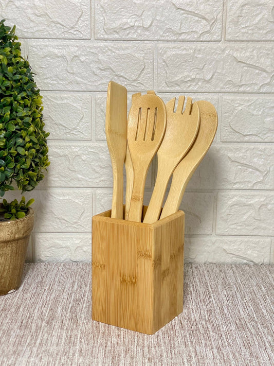 Set of 5 Bamboo Kitchen Utensils with Stand