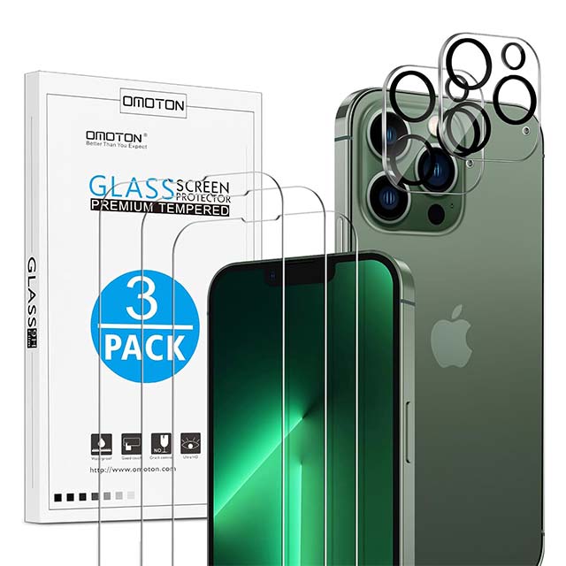 OMOTON Panzer Protective Glass for iPhone 13 Pro Max – 9H Hardness, HD Transparency, Scratch-Proof &amp; Bubble-Free Film (3+2 Pieces for Phone &amp; Camera)