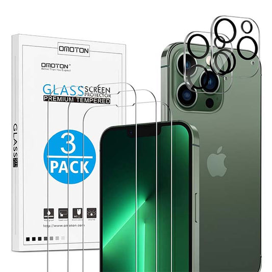 OMOTON Panzer Protective Glass for iPhone 13 Pro Max – 9H Hardness, HD Transparency, Scratch-Proof &amp; Bubble-Free Film (3+2 Pieces for Phone &amp; Camera)