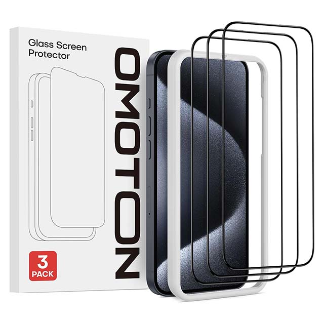 OMOTON Tempered Glass Screen Protector for iPhone 15 Pro – Pack of 3, Full Coverage, Military Grade, Indestructible &amp; Shatterproof with Installation Aid