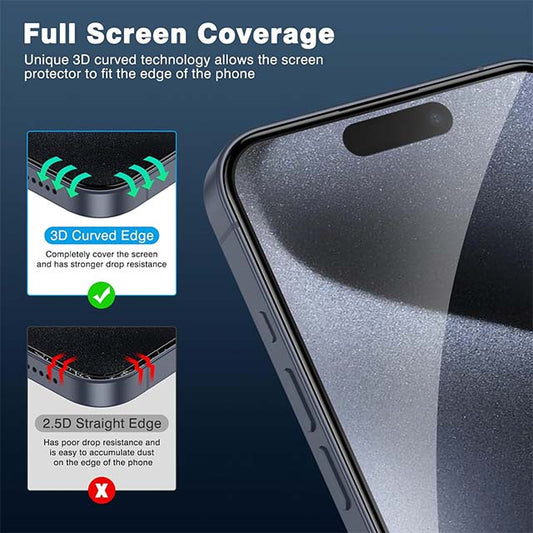 OMOTON Tempered Glass Screen Protector for iPhone 15 Pro – Pack of 3, Full Coverage, Military Grade, Indestructible &amp; Shatterproof with Installation Aid