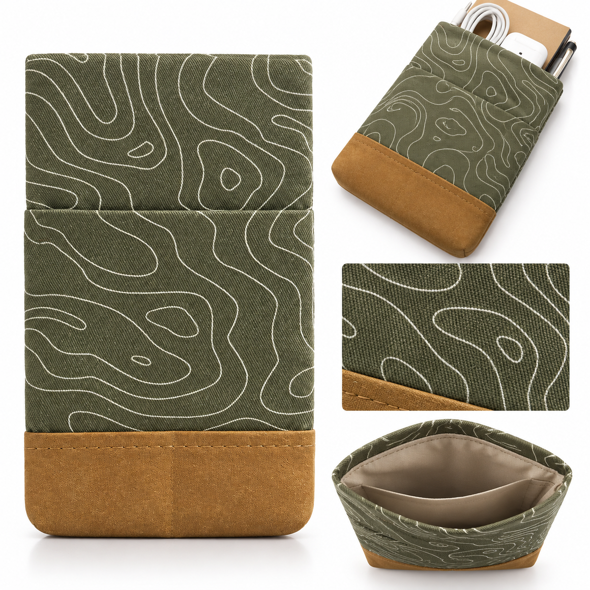 Kuratist Medium Travel Organizer Pouch – Olive Green Patterned Utility Case with Brown Base