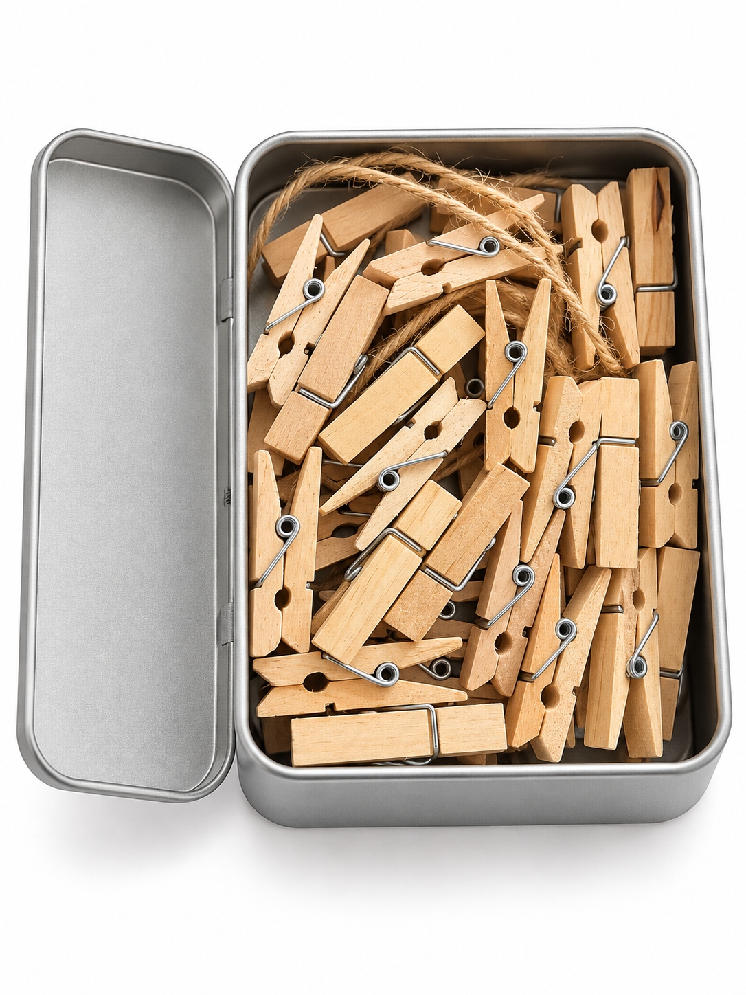 40 PCS Mini Wooden Clothespins with Small Drawstring Rope – Natural Wood Decorative Photo Clips for Crafts, Cards & DIY