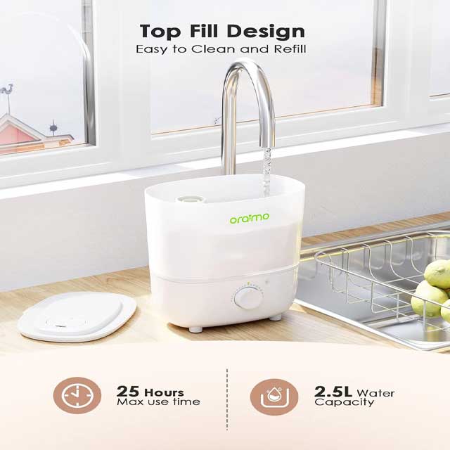 Oraimo 2.5L Top Fill Humidifier – Ultra Quiet 26dB Air Diffuser with Nightlight, Easy Clean BPA-Free Essential Oil Diffuser for Baby, Bedroom &amp; Indoor Plants