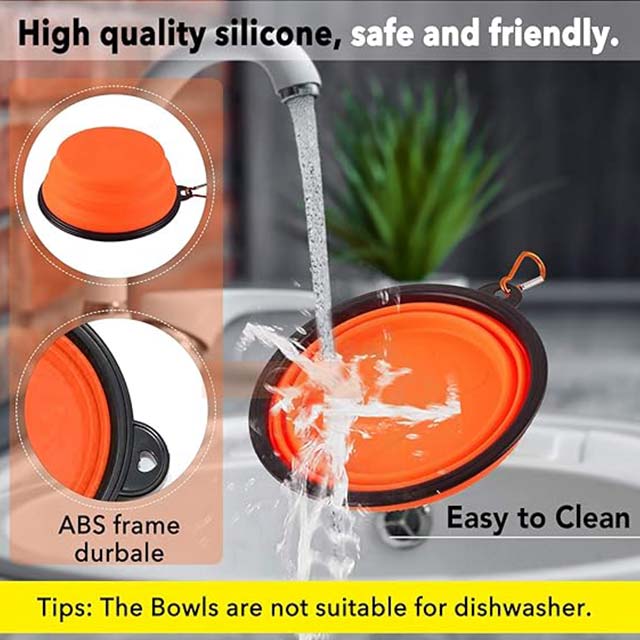 Orange Collapsible Silicone Dog Bowl – Portable Pet Feeding Water &amp; Food Bowl with Lid &amp; Carabiner for Travel, Camping &amp; Walking
