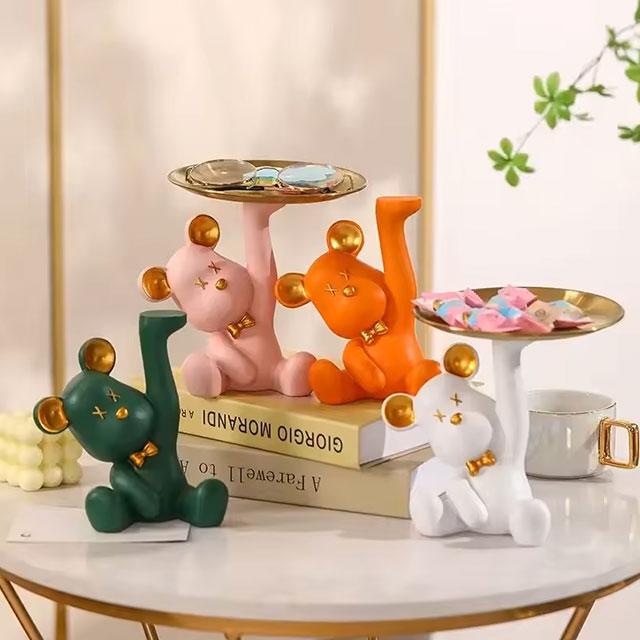 Orange Light Luxury Bear Tray | Entrance Shoe Cabinet & Key Storage Tray | 17x15cm Resin Decor for Living Room & Office Desktop