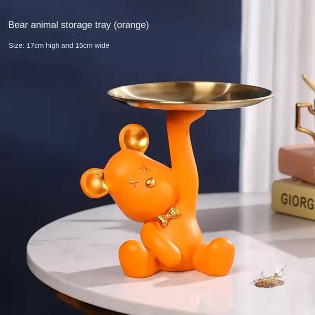 Orange Light Luxury Bear Tray | Entrance Shoe Cabinet & Key Storage Tray | 17x15cm Resin Decor for Living Room & Office Desktop