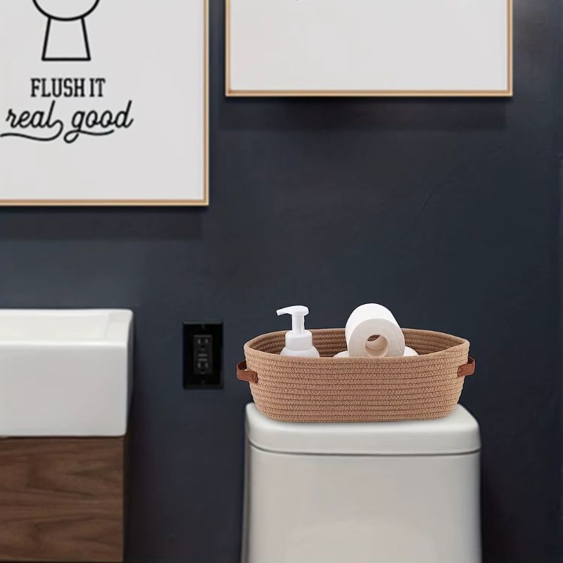 Panier de rangement de salle de bain tissé ovale – Organisateur de bureau multifonctionnel et porte-rouleau de papier toilette – Panier à jouets élégant en corde (blanc/bleu/kaki/gris)