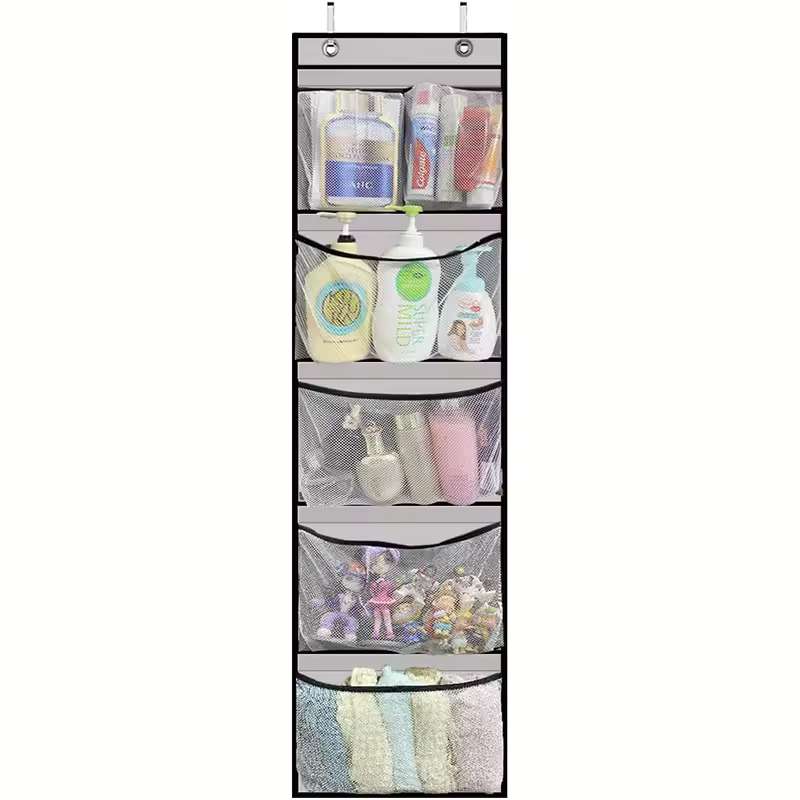 Over-the-Door 5-Tier Hanging Organizer – Large Capacity Storage Shelves with Clear Windows – Single or Double Pack – Grey Heavy-Duty Behind-the-Door Pantry, Nursery, and Bathroom Organizer