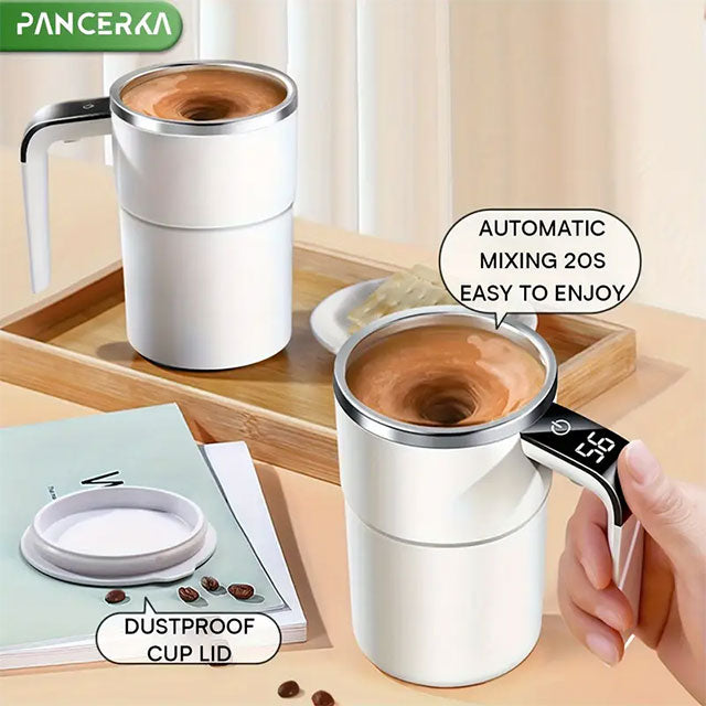 PANCERKA Rechargeable Self-Stirring Coffee Mug with Temperature Display – USB Charging, Sealed Travel Tumbler for Milk, Chocolate & Mocha