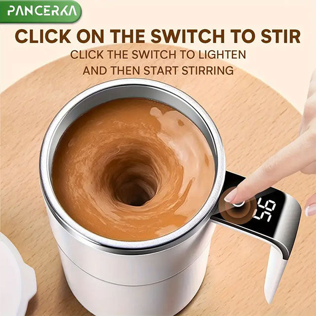 PANCERKA Rechargeable Self-Stirring Coffee Mug with Temperature Display – USB Charging, Sealed Travel Tumbler for Milk, Chocolate & Mocha