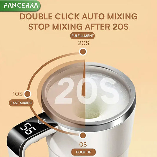 PANCERKA Rechargeable Self-Stirring Coffee Mug with Temperature Display – USB Charging, Sealed Travel Tumbler for Milk, Chocolate & Mocha