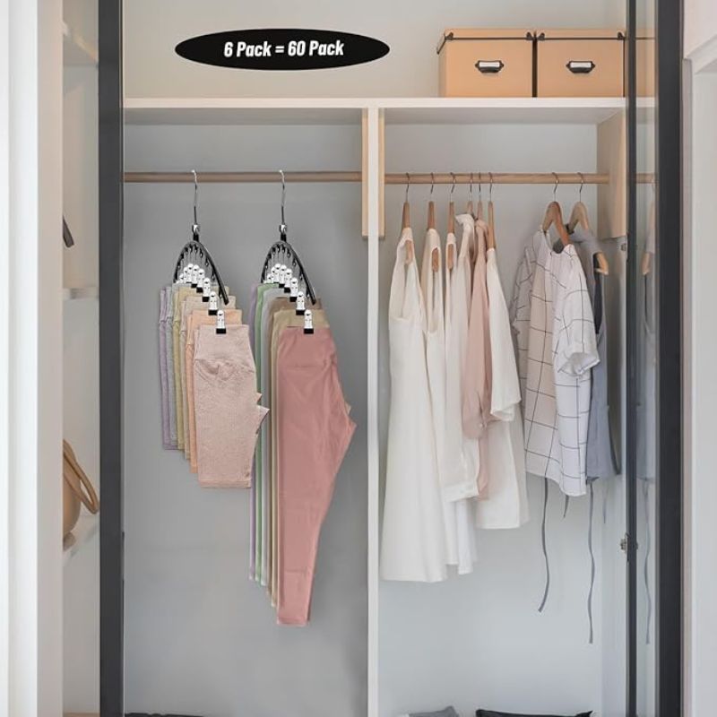 POZEAN 6-Pack Legging Organizer Hangers with Clips – Holds up to 60 Pairs of Yoga Pants – Heavy-Duty Metal Space-Saving Closet Storage for Leggings, Socks, and Jeans – 10 Clips per Hanger