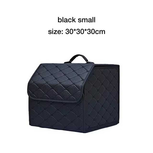 PU Leather Collapsible Car Trunk Organizer – Durable Vehicle Storage Box with White Stitching & Handles | Cargo Carrier by Amagi